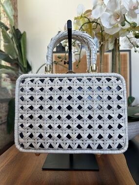 Vintage Wicker Rattan Box Bag Top Handle Structured Basket Handbag circa 1973